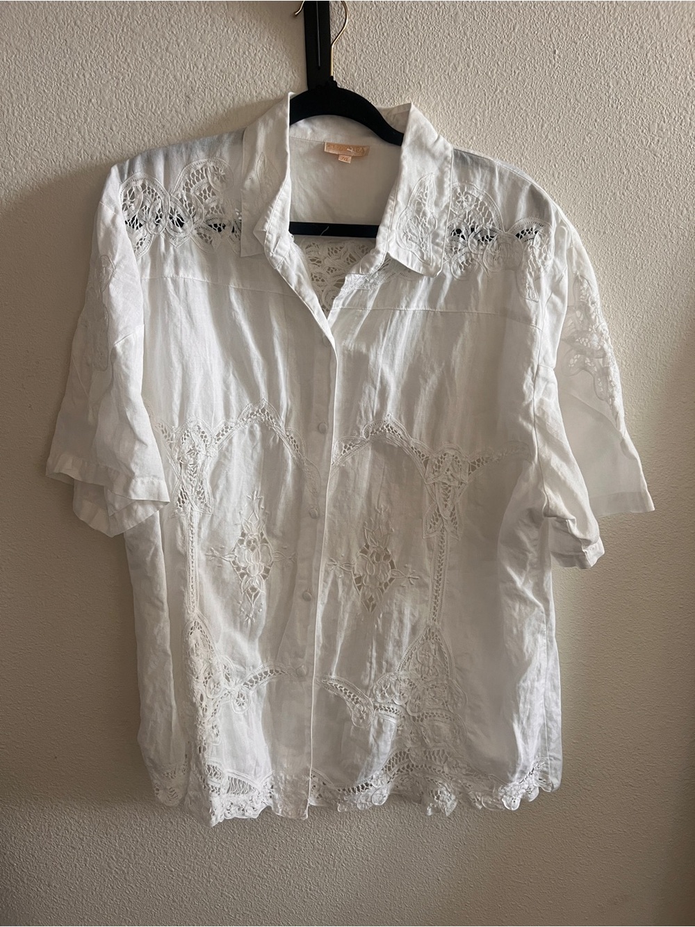 White Linen Embroidered / Crochet Button-Up Shirt